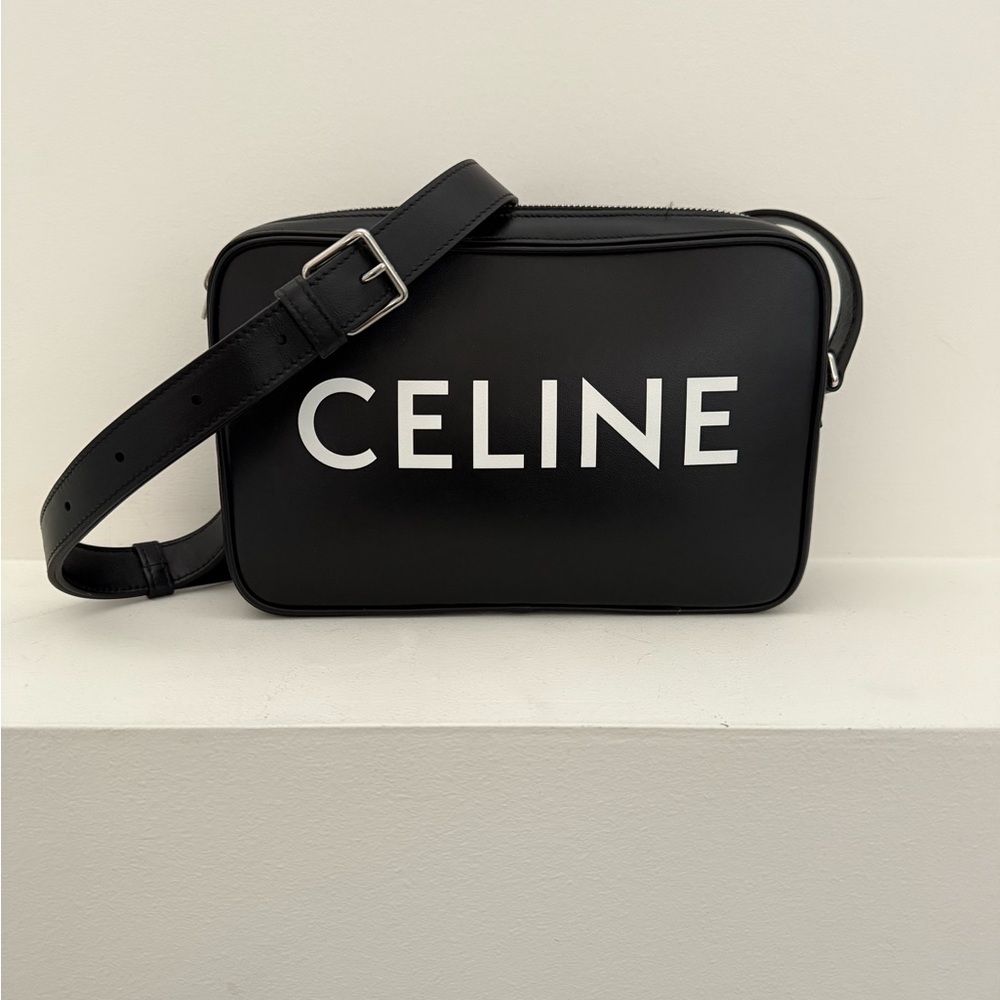 CELINE HOMME Black White Logo Leather Shoulder Messenger Crossbody Bag LIKE NEW